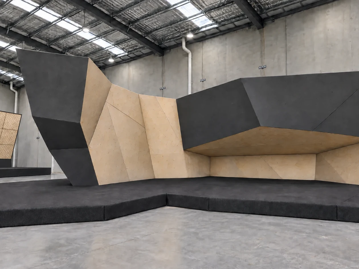 The finished angled bouldering wall at Pump Bouldering in Gregory Hills